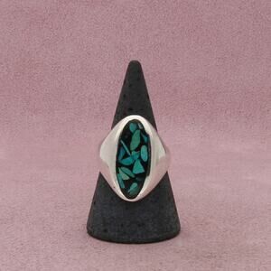 navajo sterling silver vintage elongated crushed turquoise ring size 8.25